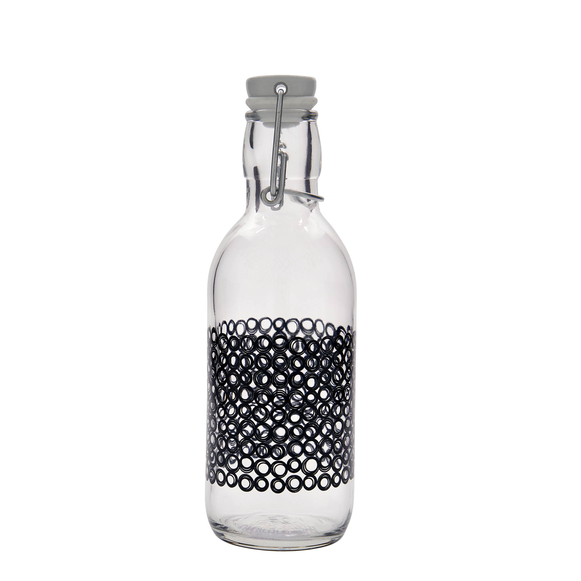 Sticlă de sticlă de 500 ml „Emilia”, motiv: Circola nero, gât: închidere cu clemă Sticlă de sticlă de 500 ml „Emilia”, motiv: Circola nero, gât: închidere cu clemă