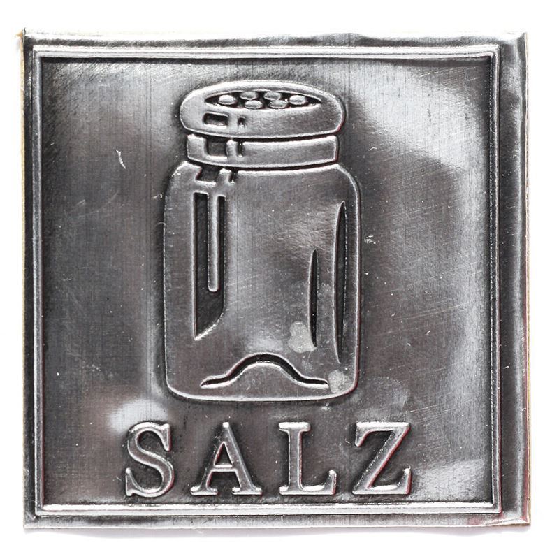 Etichetă de staniu „Sare”, pătrată, metal, argintiu