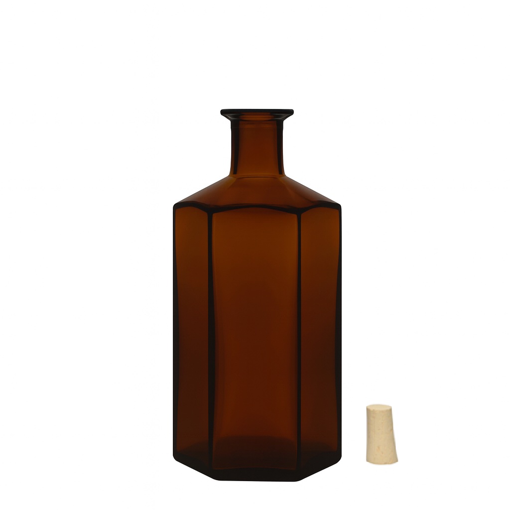 Sticlă de sticlă de 500 ml farmacist 'Jimmy', hexagonală, maro, gura: dop de plută