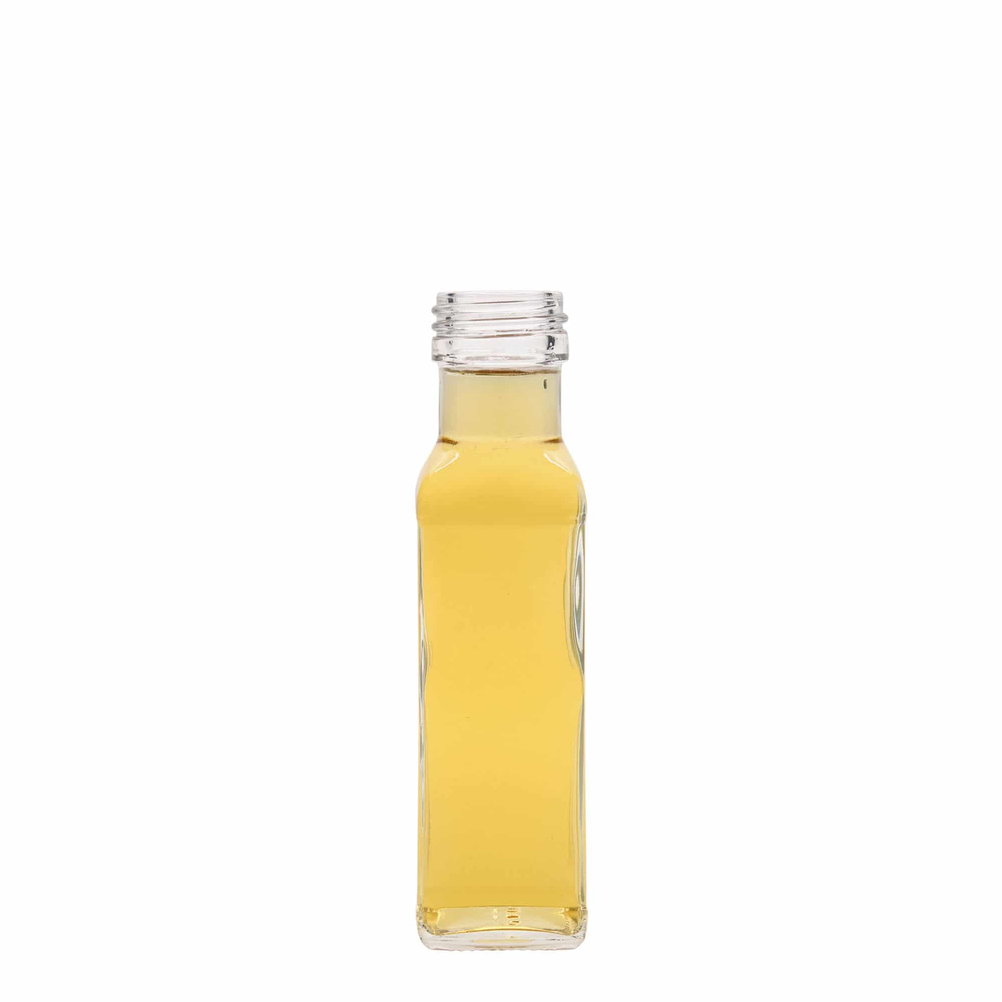Sticlă de sticlă de 100 ml „Marasca”, pătrată, gura: PP 31,5 Sticlă de sticlă de 100 ml „Marasca”, pătrată, gura: PP 31,5
