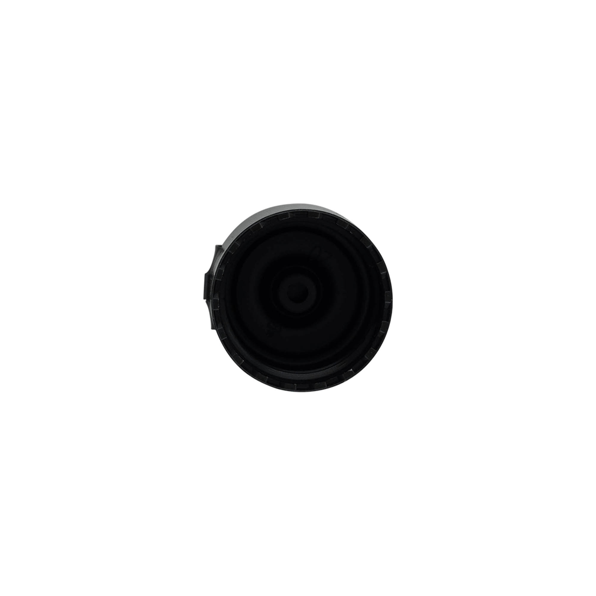 Capac cu filet, balama pliabilă, plastic PP, negru, pentru deschidere: 24/410 Capac cu filet, balama pliabilă, plastic PP, negru, pentru deschidere: 24/410