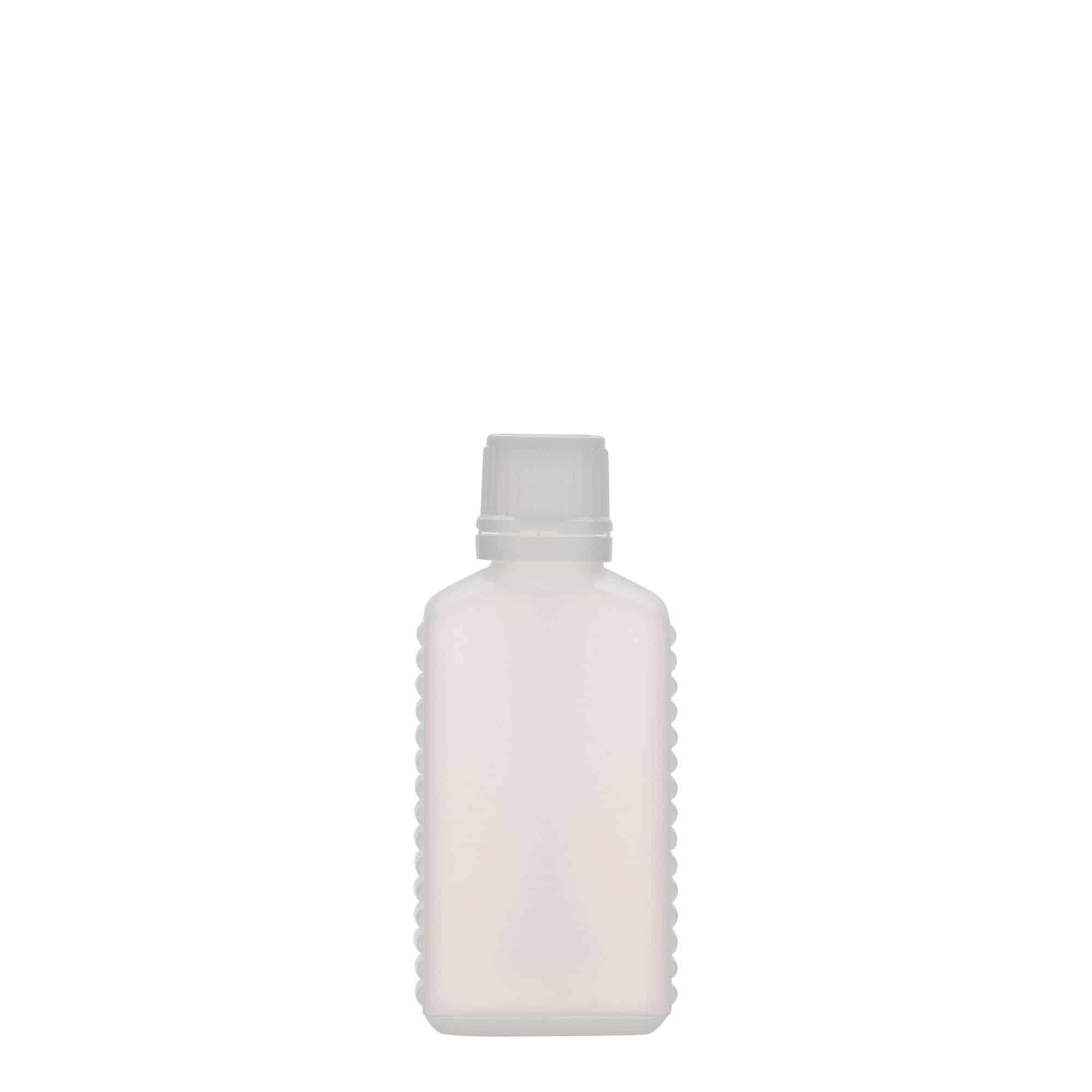 50 ml sticlă canistră cu gât îngust, dreptunghiulară, plastic HDPE, natural, deschidere: DIN 18