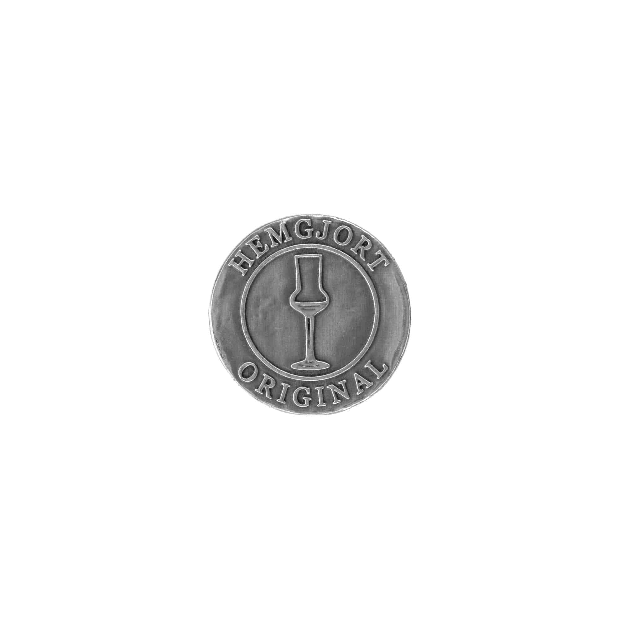 Etichetă de tablă „Hemgjort Original”, rotundă, metal, argintiu