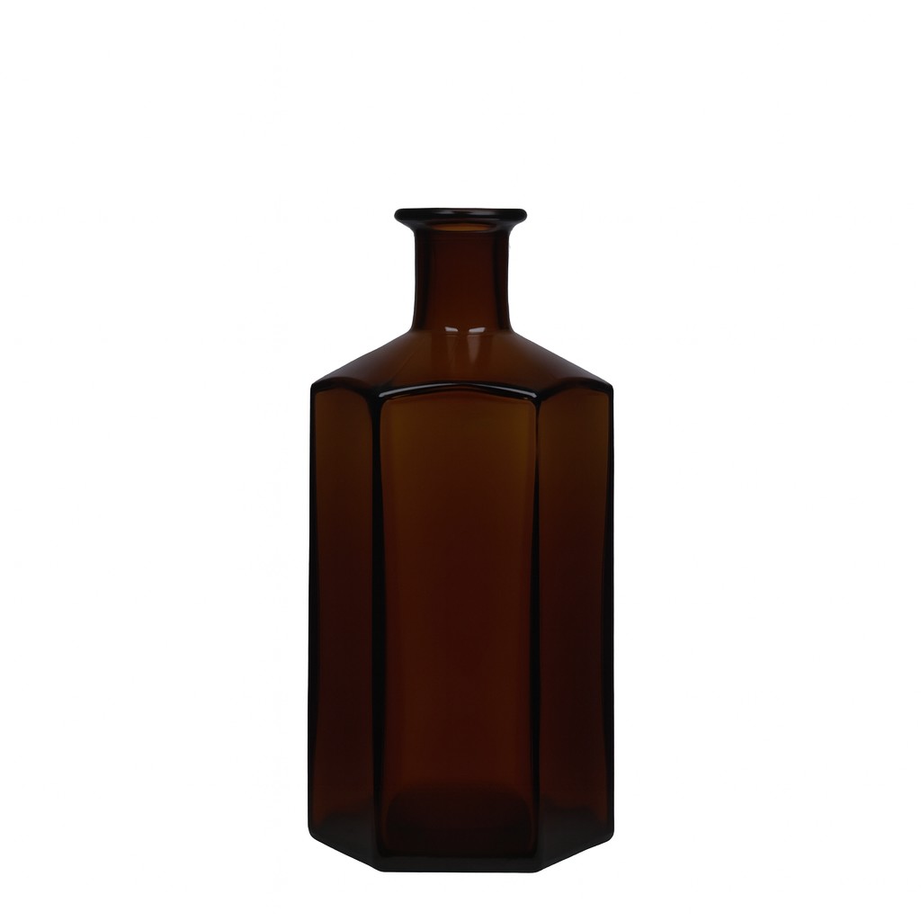 Sticlă de sticlă de 500 ml farmacist 'Jimmy', hexagonală, maro, gura: dop de plută