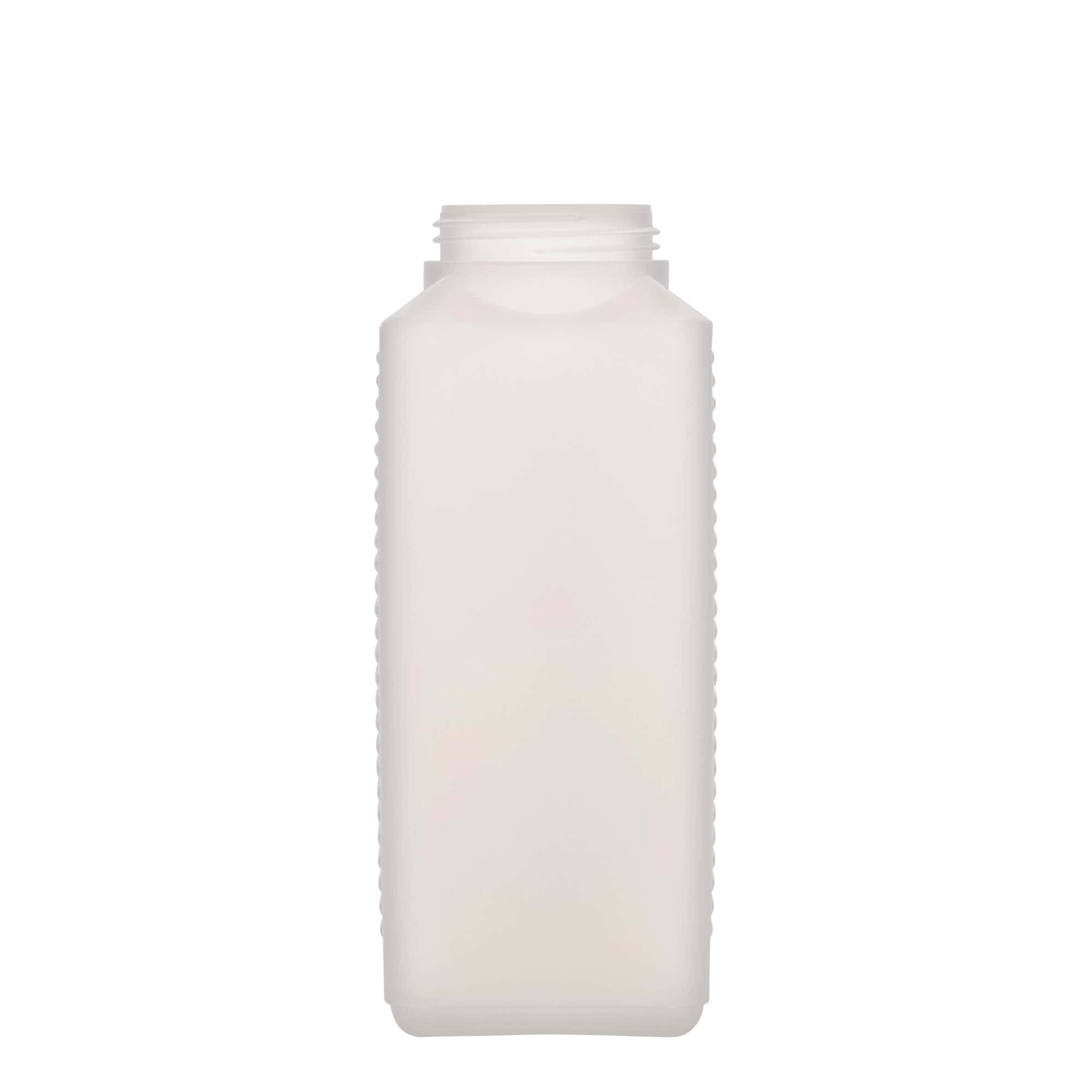 1.000 ml sticlă cu gât larg, dreptunghiulară, plastic HDPE, natural, gura: DIN 60 EPE