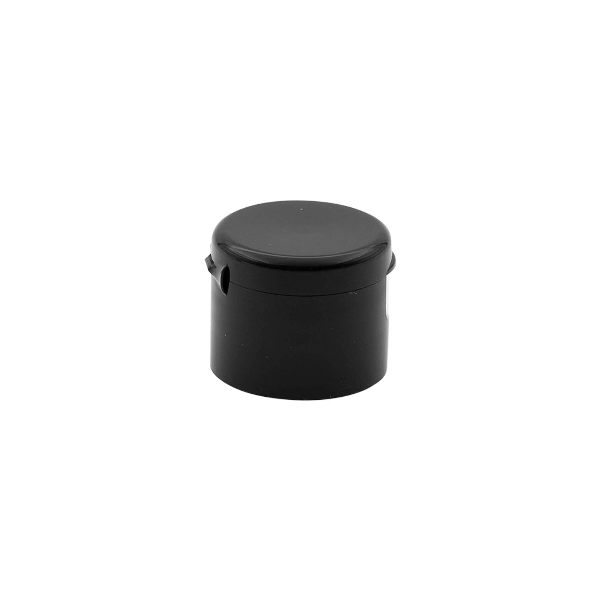 Capac cu filet, balama pliabilă, plastic PP, negru, pentru deschidere: 24/410 Capac cu filet, balama pliabilă, plastic PP, negru, pentru deschidere: 24/410
