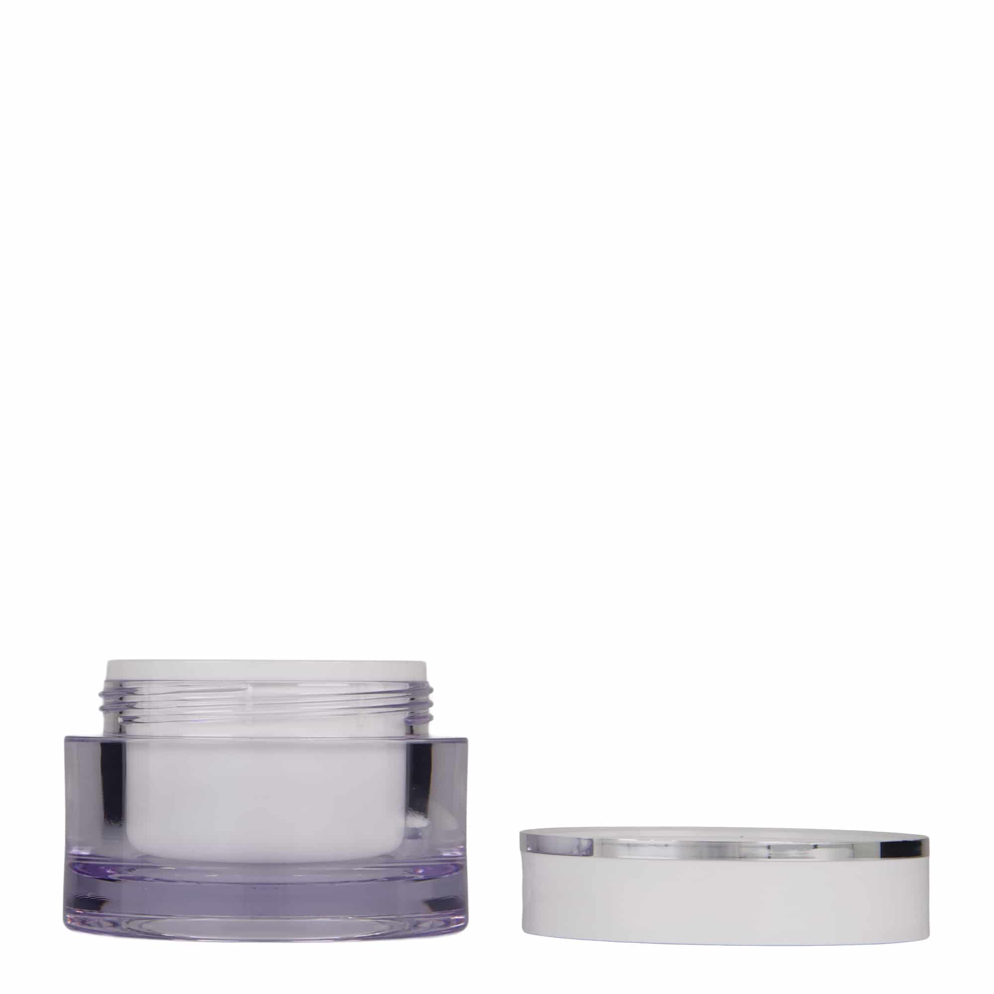 50 ml borcan, plastic SAN, alb, gura: capac cu filet